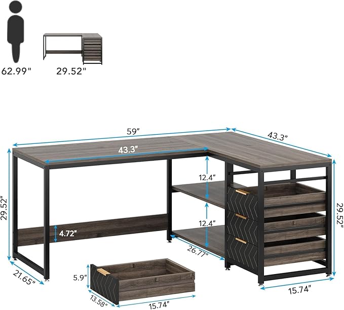 59-Inch Reversible L-Shaped Desk with Drawers &amp Shelves Corner Computer Desk Workstation for Home Office Grey