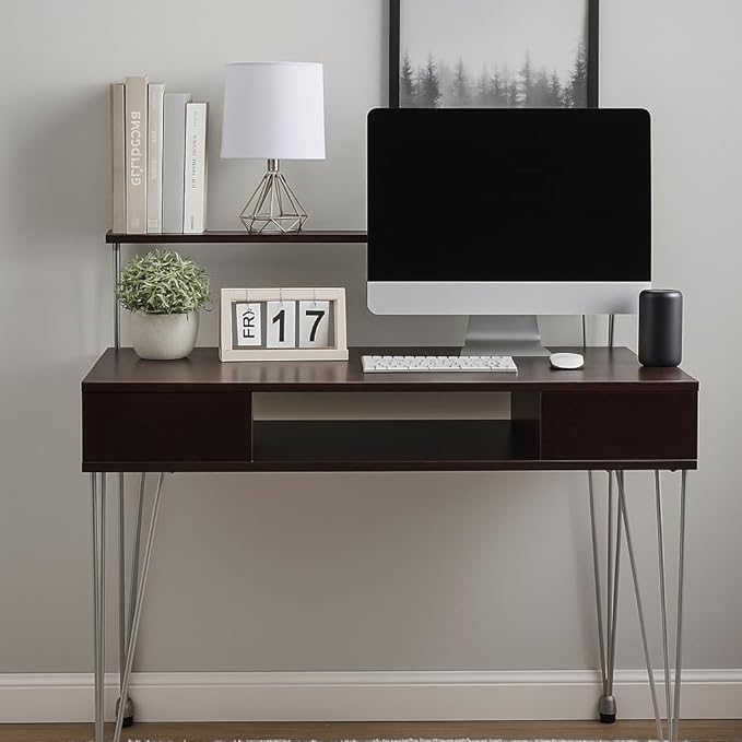 Proman Products Marcus Jr. Modern Home Office Desk with Storage – Functional Computer Writing Desk with Dual Side Compartments Large Hidden Storage Raised Display Shelf