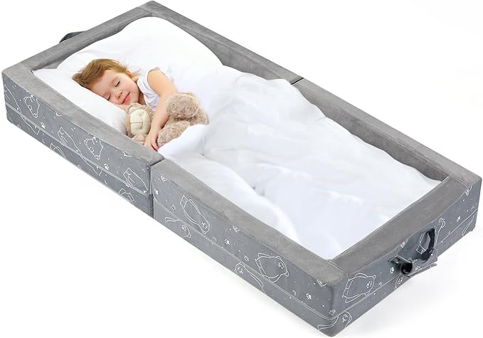 Portable Toddler Travel Bed – Foldable Soft Foam Floor Crib with Washable Cover Built-in Safety Rails No Assembly Compact for Travel &amp Home Use Grey