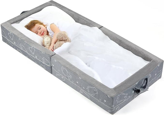 Portable Toddler Travel Bed – Foldable Soft Foam Floor Crib with Washable Cover Built-in Safety Rails No Assembly Compact for Travel &amp Home Use Grey
