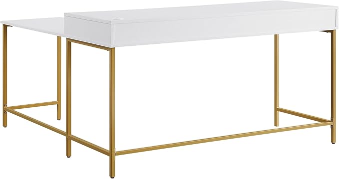 OSP Home Furnishings Modern Life Contemporary L-Shaped Desk with Large Drawer and Built-in Power Charging Port White