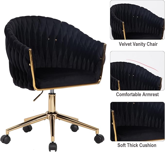 Velvet Office Chair with Hand Woven Black Vanity Chairs with Golden Wheels 360° Swivel Home Office Desk Chair Computer Chairs Accent Chair Makeup Chair for Bedroom Living Room(Black)