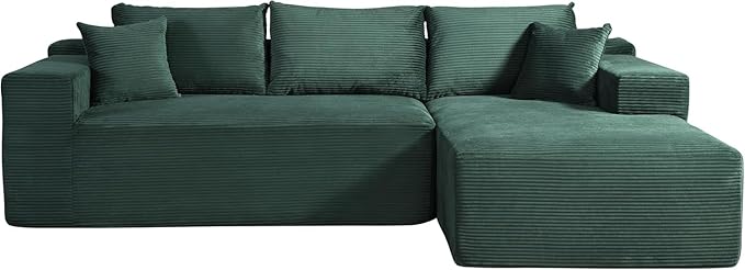Ridge 2-Piece Convertible Corduroy L-Shaped Sofa in a Box with Pillows 3-Seater Modular Sectional Couch Compressed Living Room Furniture Dark Green (Right Facing)