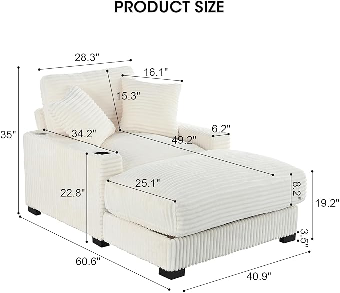 41 Chaise Lounge Indoor with 2 Pillows Adjustable Backrest Comfy Reading Chair with USB Charger Cup Holder Corduroy Sofa Bed Lazy Chair Sleeper Couch Small Couch for Apartment Whtie