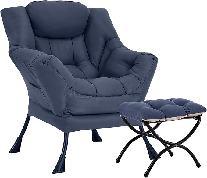 Lazy Chair with Ottoman Large Navy Accent Chair with Ottoman Comfy Reading Armchair Leisure Sofa Chair for Living Room Bedroom Dorm Room Office