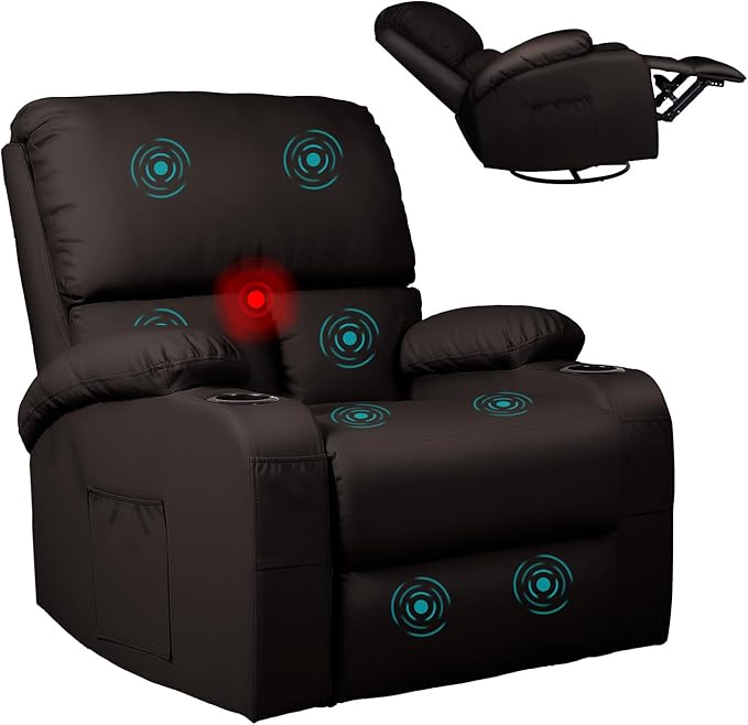 LEVELEVE Rocking Recliner Chair Massage Rocker Recliner Chair with Vibration Massage and Heat 360° Swivel Recliner Chairs Living Room Bedroom Nursery RV Brwon