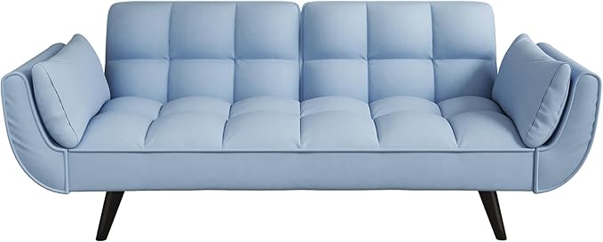 Olela Futon Sofa Bed Convertible Sleeper Couch 74 W Modern Velvet Loveseat with Adjustable Backrests and Solid Wood Legs for Living Room Bedroom Small Space (Light Teal)