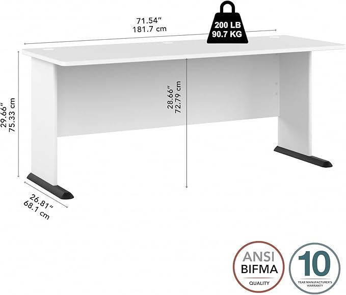 Bush Business Furniture Studio A 72W Computer Desk in White 6 Foot Gaming and Work Table for Home or Professional Office