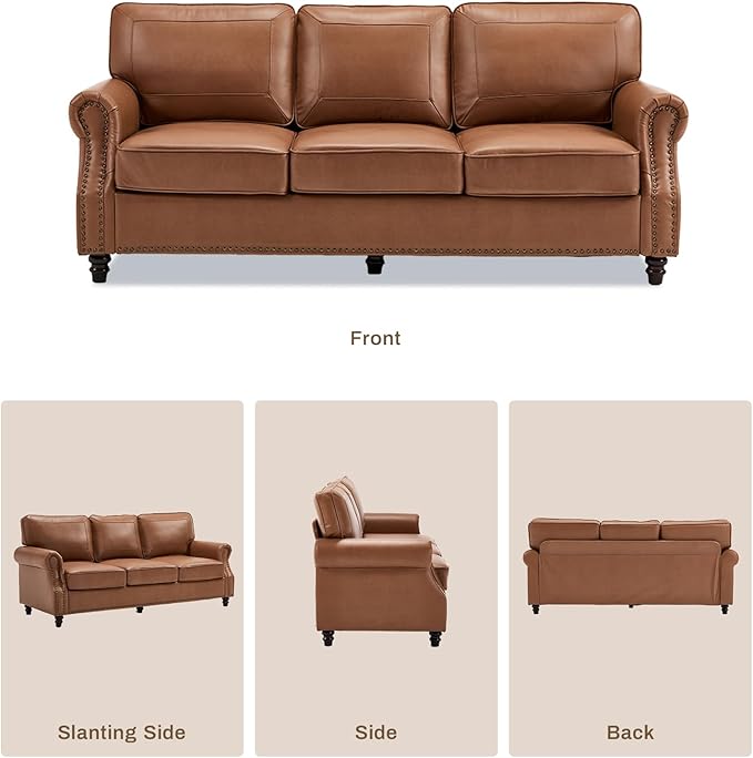 WILLOVE 79'' Faux Leather Sofa Classic 3 Seater Leather Couch with Rolled Arm and Nailhead Trim Mid-Century Modern Couch for Living Room Apartment Easy to Install Brown