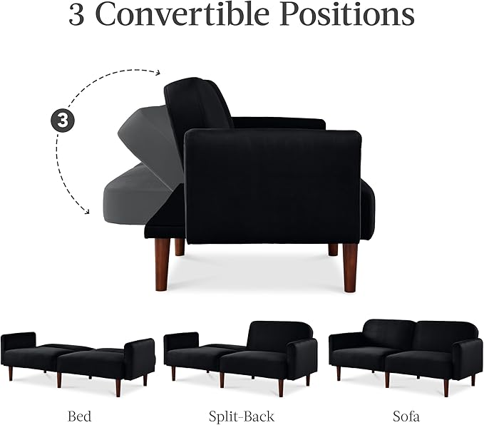 Best Choice Products 77 Mid Century Modern Velvet Loveseat Sofa Couch Convertible Sofa Sleeper Bed w/Real Wood Removable Armrest - Onyx Black