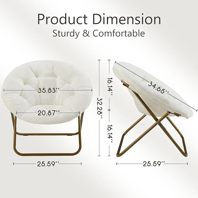 Simple Deluxe Saucer Chair Round Foldable Reading Chairs X-Large Size Cozy Papasan Chair Comfy Furry Padded Moon Chair Round Dorm Chairs for Bedroom Living Room White