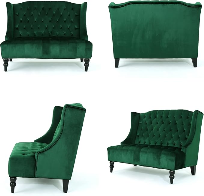 Modern Tufted Velvet Wingback Loveseat Tufted Velvet 2 Seat Couch Sofas with High Back Thick Padded Cushioned Seats for Living Room Victorian Style Emerald