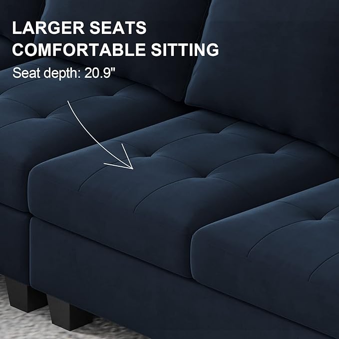Belffin Velvet Reversible Sectional Sofa with Chaise Convertible L Shaped 4-seat Sectional Couch with Storage Ottoman Blue