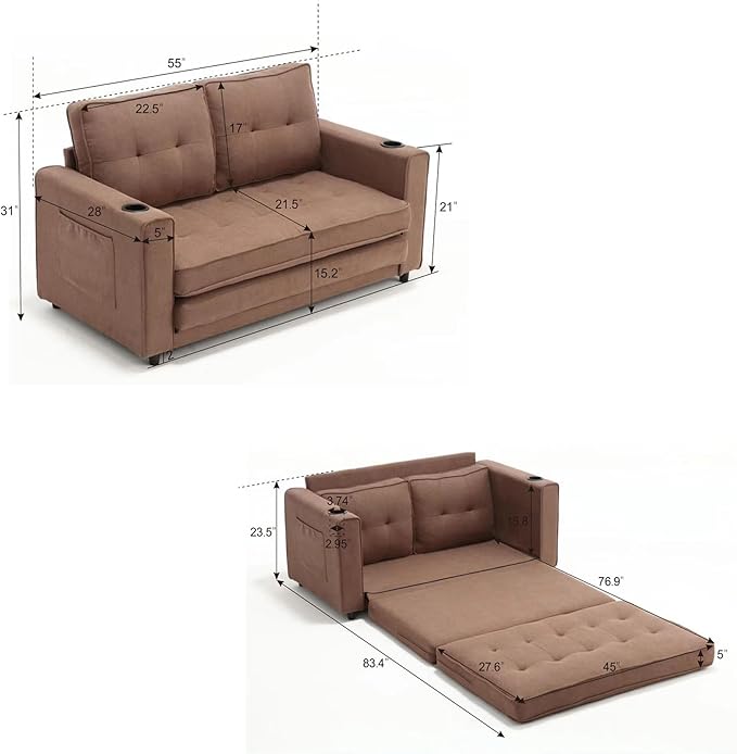 Folding Futon Loveseat Sleeper Sofa Bed with Pullout Couch Bed Comfy Convertible Floor Sofa Bed Cup Holder&amp Side Pockets for Bedroom Living Room Small Space (Brown + Cup Holder)