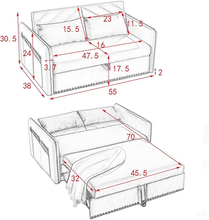 3 in 1 Convertible Sleeper Sofa Bed 55Compact Pull Out Couches with lumbar pillows &amp Storage pocket &amp USB Ports Adjustable Backrest Comfy Velvet Loveseat Sofas for Living Room Small Space