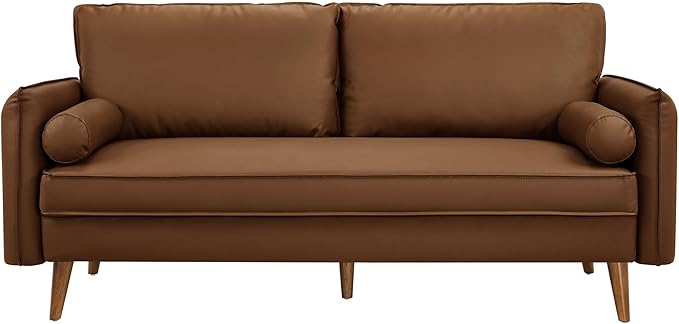 Modway Revive 72 Inch Faux Leather Sofa in Brown – 3 Seater PU Leather Couch with Cozy Wide Seats - Mid-Century Modern Upholstered Sofa for Living Room or Office