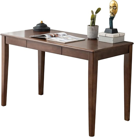 Solid Wood Desk with Drawer Wooden Home Office Desk for Work Student Computer Desk for Small Spaces Gaming Study PC Desk for Bedroom Easy to Assemble (Walnut Color 47 inch)