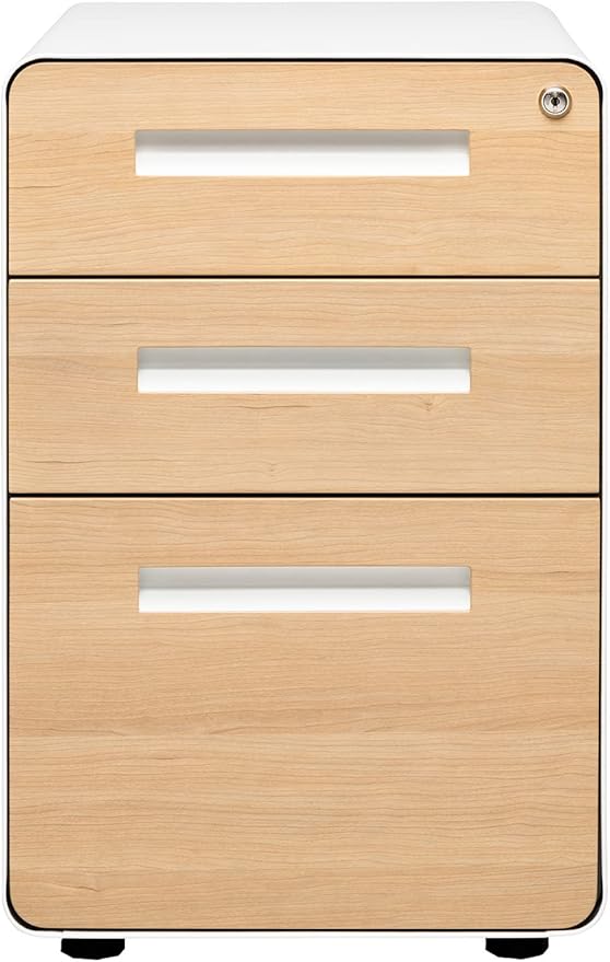 Laura Davidson Furniture Stockpile 3 Drawer File Cabinet with Lock - Under Office Desk Metal Filing Cabinet Legal/Letter File Folders Wheels and Stationary Feet Pre-Assembled White/Wood