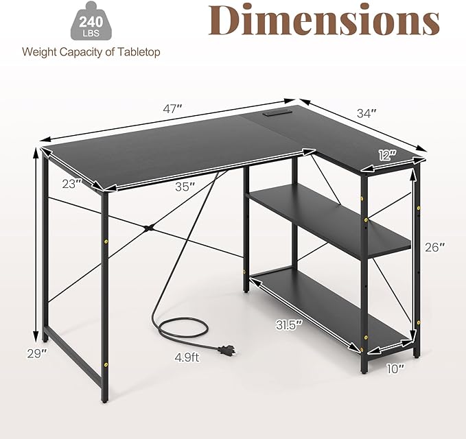 Giantex L Shaped Desk with Charging Station 47 Inch Reversible Computer Desk with Adjustable Storage Shelves &amp Metal Frame Modern Corner Desk for Home Office Studying Writing Gaming (Black)