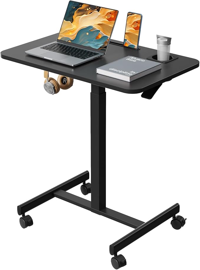 Mobile Standing Desk Rolling Laptop Cart Adjustable Height with Cup Holder 28 inch Portable Table with 4 Lockable Wheels Black Computer Workstation with Hook and Slots for Home Office
