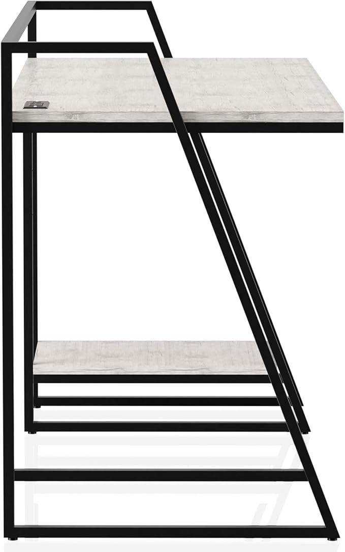 24/7 Shop at Home Kestrel Industrial 1 Shelf Metal Writing Desk with USB Port Power Outlet for Workstation Home Office Study Room Antique White and Matte Black
