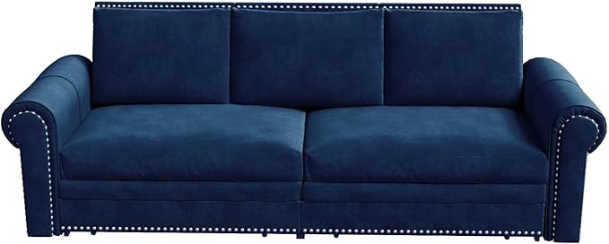 93.7 King Size Chesterfield 3-seat Pull Out Sofa Bed Velvet Couch Bed with Nailhead Trim and Rolled Arm 3-in-1 Sleeper Sofa for Living Room Apartment Office Blue