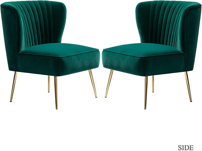 TINA'S HOME Monica Velvet Accent Chair Set of 2 Mid Century Side Chair Comfy Upholstered Living Room Chair with Golden Legs Wingback Armless Slipper Chair for Bedroom Guest Room- Emerald Green