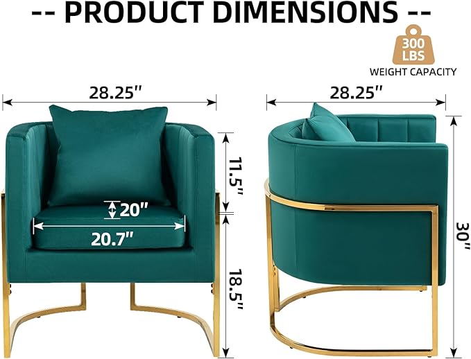X-VOLSPORT Velvet Accent Chair Modern Barrel Arm Chair for Living Room/Bedroom/Guest Reception Upholstered Club Armchair with Pillow &amp Gold Base Green