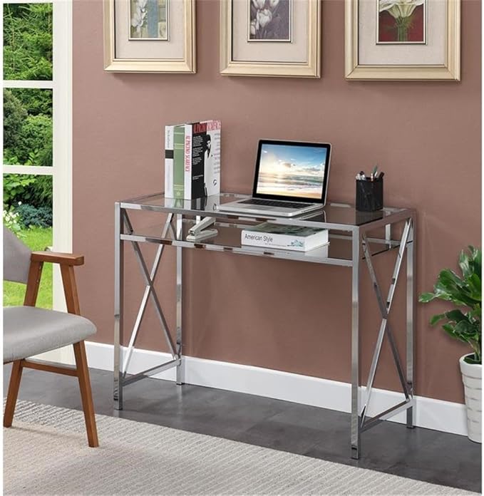 Pemberly Row 42-Inch Desk Clear Tempered Glass Desktop Chrome Metal Frame Additional Storage Shelf Modern Home Office Desk 42 x 16 x 30 Inches Stylish Workspace Furniture