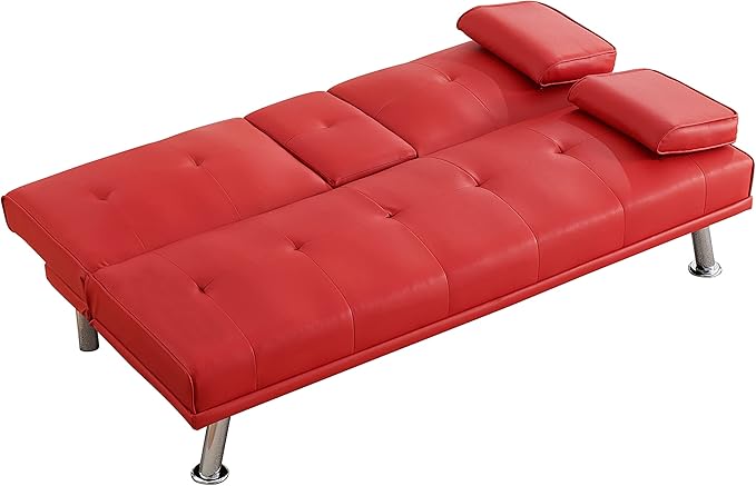 KEIKI 67 Leather Folding Futon Sofa w/Cup Holder &amp Adjustable Backrest Mid Century Modern Couch Loveseat Convertible to Sleeper Bed Comfy Cloud Couch SofaBed for Living Room &amp Bedroom Red