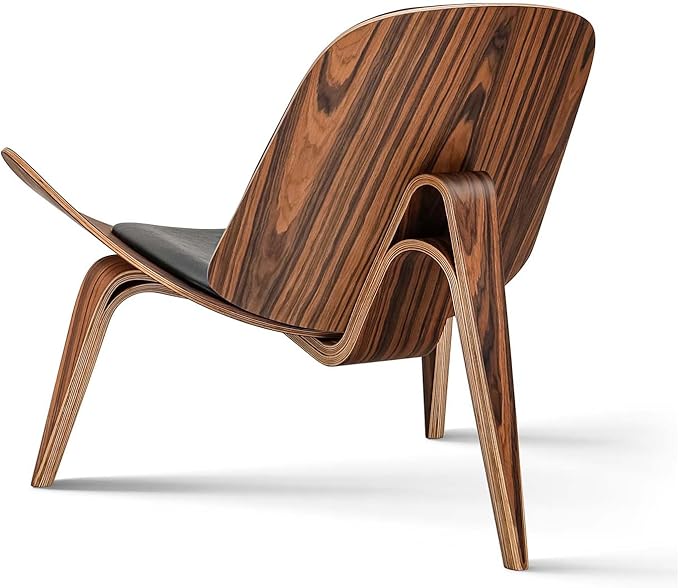 Mid Century Modern Shell Lounge Chair PU Leather Tripod Plywood Classic Design Solid Wood Accent Chairs for Living Room Reading Lounge Office Salon