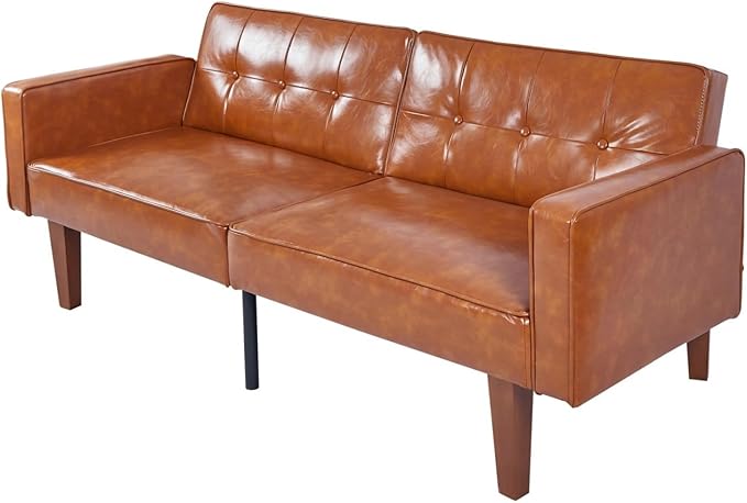 Faux Leather Adjustable Sofa Two-Seater Sofa with Wooden Legs Foldable Sofa Bed mid-Century Style Lounge Sofa Suitable for Apartments Living Room Bedroom Study Office Lounge Brown