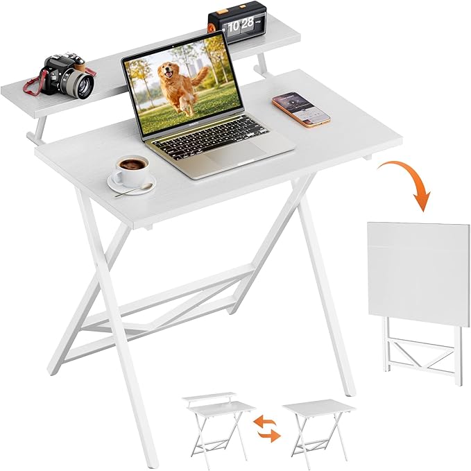 WOHOMO Folding Computer Desk with Adjustable Height 23.6 x 31.5 x 25.6 Foldable Table with Monitor Stand Small Office Desk for Bedroom Space Saving Desk for Home Office Easy Assemble White