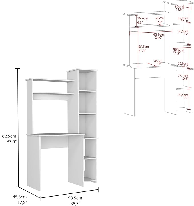 Penau Stylish Writing Desk with Two Shelves and Five Cubbies White Finish Durable Particle Board Compact Size for Home Office