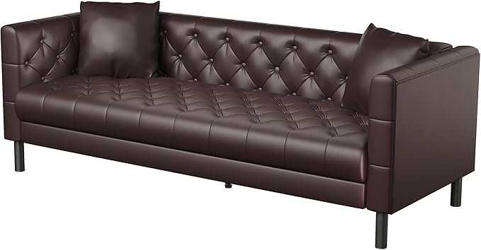 GAOMON 81 Leather Couch Handmade Button Tufted 3 Seater Sofa Chesterfield Sofa with Deep Seat and 2 Pillows Leather Sofa for Living Room Apartment Office Dark Brown
