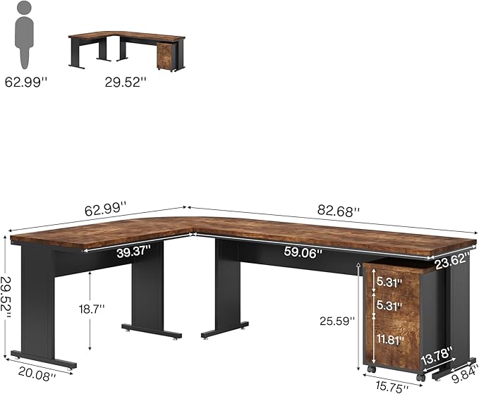 Tribesigns 83 L-Shaped Executive Desk Reversible Modern Office Desk with Drawers &amp Rolling File Cabinet Large Corner Computer Desk Business Workstation for Home Office (Brown)