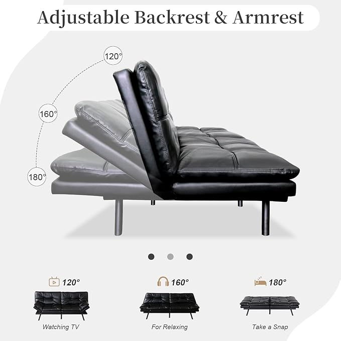 Opoiar Leather Futon Sofa Bed Convertible Memory Foam Foldable Couch Modern Sleeper Loveseat with Adjustable Armrests&ampBackrests for Small Spaces Office Studio Apartment Dorm Game Room