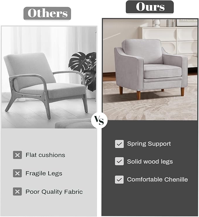 Kingfun Accent Chair Living Room Chairs Mid Century Reading Armchair Chenille with Solid Wood Foot Upholstered Modern Decor for Bedroom Apartment Silver Gray