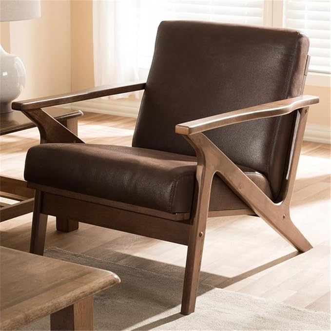 BOWERY HILL Faux Leather Accent Arm Chair Brown Distressed Upholstery Rubber Wood Frame Mid-Century Modern Style Removable Cushions 29.53'' H x 27.95'' W x 33.07'' D Living Room Seating
