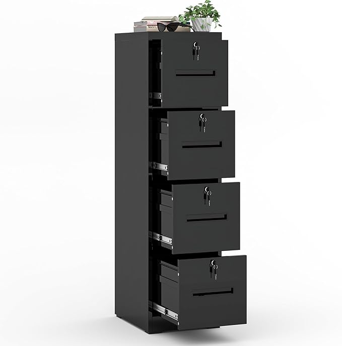 4 Drawer Metal Vertical File Cabinet with Lock for HomeOffice Under Desk Storage Small Filing Cabinet Organizer with Locking DrawersLetter/Legal/A4/F4 SizeAssemble RequiredBlack