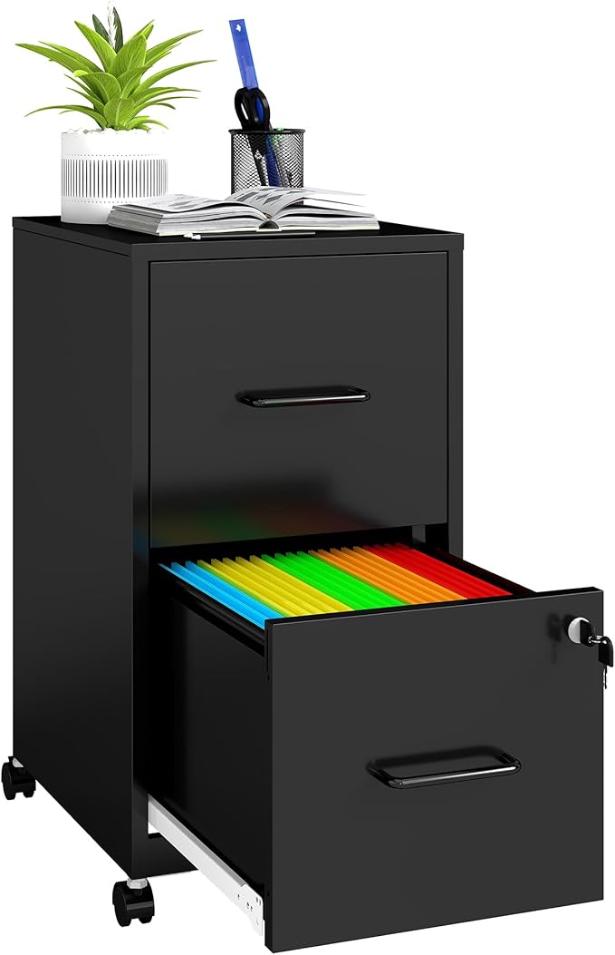 2 Drawer File Cabinet on WheelsMobile Filing Cabinets with LockMetal Storage CabinetVertical Filing Cabinets for Home OfficeRolling File Cabinet for Under DeskAmssebly Required Black