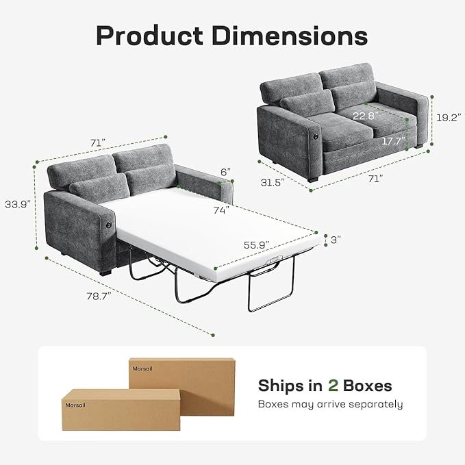 Marsail Pull Out Sofa Bed Queen Size Sleeper Sofa with Memory Foam Mattress 2 USB Charging Ports &amp Removable Covers Chenille Loveseat Couch for Living Room Apartment Light Grey