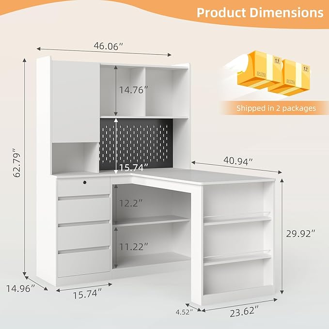 L Shaped Desk with Hutch and 4 Drawers Computer Desk with USB Ports Power Outlets &amp LED Light Wood Corner Computer Desks with Storage Shelves for Home Office White Right Long