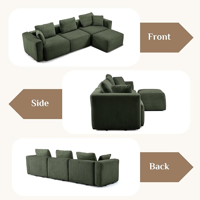 Karl home 112 Sectional Couch with Movable Ottoman Modern Corduroy Cloud Sofa Set with Deep Seat Convertible L-Shape Boneless Couch for Living Room Apartment Studio Green