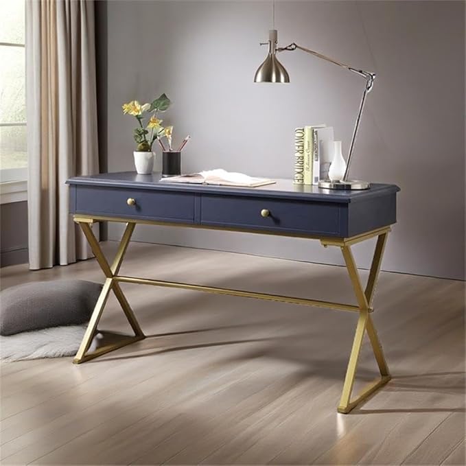 Scranton &amp Co 47 W Mid-Century Metal &amp Wood Writing Desk Sleek Design Incredible Quality for Office/Home Decor in Blue &amp Gold Finish