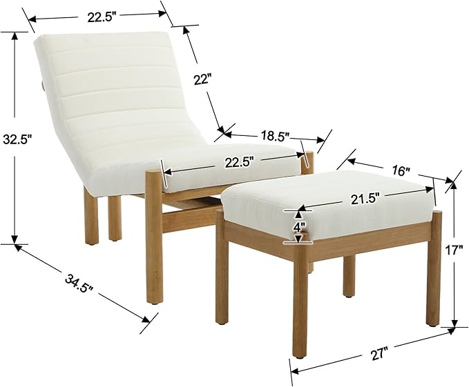 EALSON Modern Accent Chair with Ottoman Beige Fabric Upholstered Seater with High Backs Unique Design Wood Frame Armless for Living Room/Bedroom Reading/Office Use