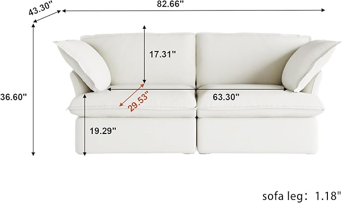 WJShome Love Seat Sofas Modern Down Filled Modular Sectional Sofas Cushion Covers Removable Customizable Modular Sectional Couch for Living Room Apartment Lounge Bedroom (White 2 Seat)