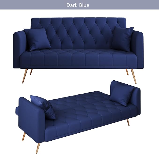 Anwick 72 Modern Velvet Sofa Bed FutonConvertible Folding Sleeper Bed Couches with 3 Adjustable BackrestsTufted Recliner Loveseat with Golden Chrome Legs for Small Living Room Office (Blue)