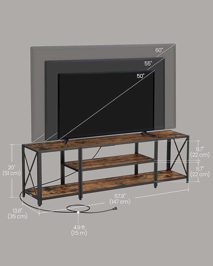 VASAGLE TV Stand with Power Outlets and LED Lights for TVs up to 60 Inches Entertainment Center with Open Storage Shelves TV Console Table for Living Room Rustic Brown and Ink Black ULTV121K01