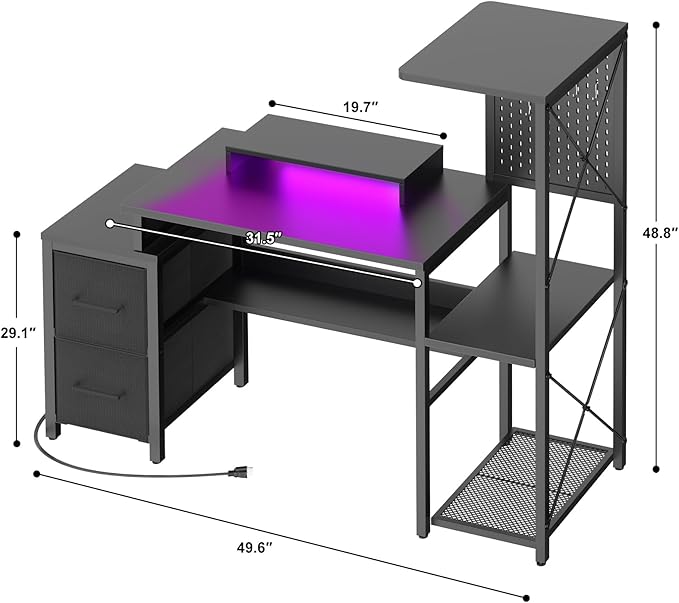 Small Gaming Desk with 2 Fabric Drawers - Reversible Computer Desk with Power Outlet &amp LED Lights 49 Office Desk with Monitor Stand &amp Storage Shelves Writing Study Table with Pegboard Blac